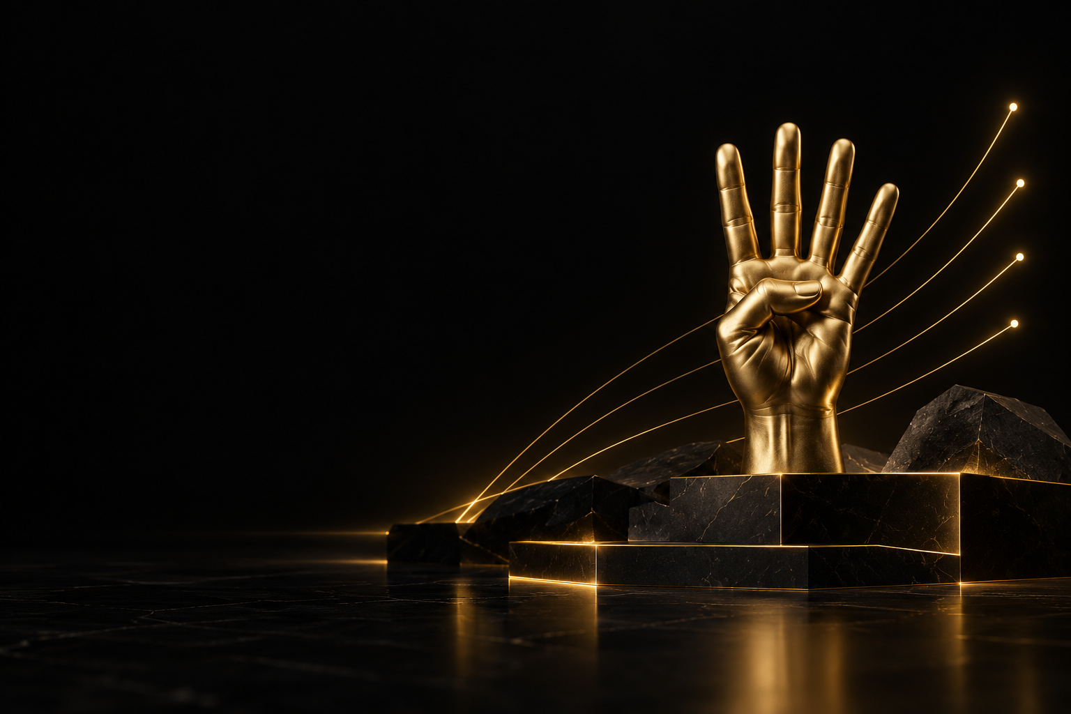 Gold sculpture of a four-finger salute